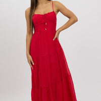 Red Midi Dress Tiered Strappy