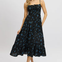 Black Floral Midi Dress Tiered Strappy