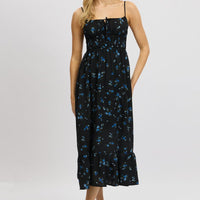 Black Floral Midi Dress Tiered Strappy