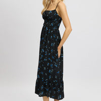 Black Floral Midi Dress Tiered Strappy