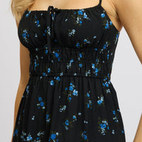 Black Floral Midi Dress Tiered Strappy