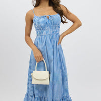 Blue Check Midi Dress Tiered Strappy