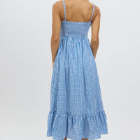 Blue Check Midi Dress Tiered Strappy