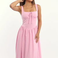 Pink Midi Dress Gathered Bust