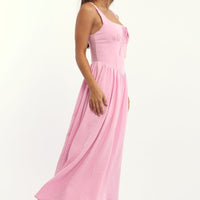 Pink Midi Dress Gathered Bust