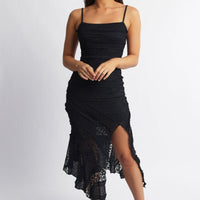 Black Midi Dress Asymmetric Hem Lace