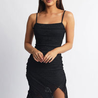 Black Midi Dress Asymmetric Hem Lace