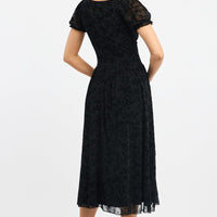 Black Midi Dress Puff Sleeve Burn Out