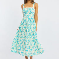 Blue Floral Midi Dress Gathered Bust Lace Trim