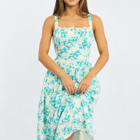 Blue Floral Midi Dress Gathered Bust Lace Trim