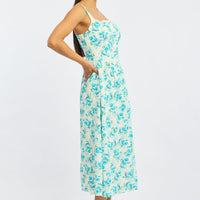 Blue Floral Midi Dress Gathered Bust Lace Trim