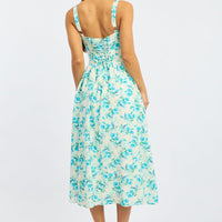 Blue Floral Midi Dress Gathered Bust Lace Trim