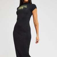 Black Midi Dress Short Sleeve Crew Neck Bodycon Graphic