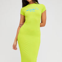 Green Midi Dress Short Sleeve Crew Neck Bodycon Graphic
