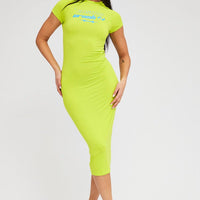 Green Midi Dress Short Sleeve Crew Neck Bodycon Graphic