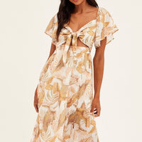 Beige Floral Midi Dress Square Neck Short Sleeve