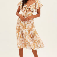 Beige Floral Midi Dress Square Neck Short Sleeve