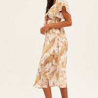 Beige Floral Midi Dress Square Neck Short Sleeve