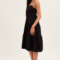 Black Midi Dress Sleeveless Ruched Tiered