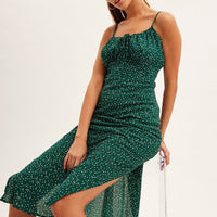 Green Polka Dot Midi Dress Sleeveless Ruched Bust