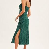 Green Polka Dot Midi Dress Sleeveless Ruched Bust