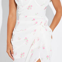 White Floral Draped Midi Dress Corset Detail Tie Shoulder
