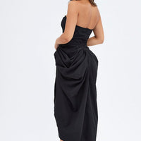 Black Draped Dress Bandeau Midi