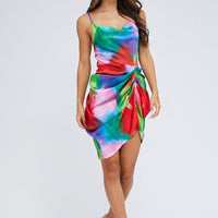 Multi Print Mini Dress Ruched Ombre Cowl Neck Satin