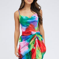 Multi Print Mini Dress Ruched Ombre Cowl Neck Satin