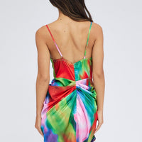 Multi Print Mini Dress Ruched Ombre Cowl Neck Satin