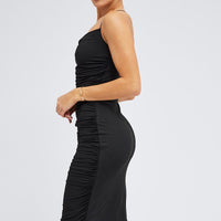 Black Bodycon Midi Dress Rose Strappy Rosette Gathered