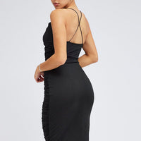 Black Bodycon Midi Dress Rose Strappy Rosette Gathered