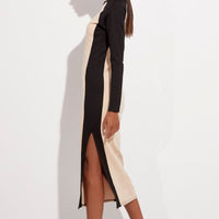 Beige Midi Dress Long Sleeve Round Neck Raglan Two-tone
