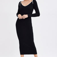 Black Midi Dress Long Sleeve Sweetheart Contrast Bind