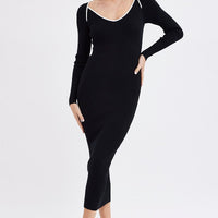Black Midi Dress Long Sleeve Sweetheart Contrast Bind