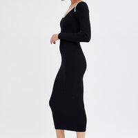 Black Midi Dress Long Sleeve Sweetheart Contrast Bind