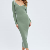 Green Midi Dress Long Sleeve Sweetheart Contrast Bind