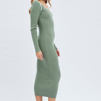 Green Midi Dress Long Sleeve Sweetheart Contrast Bind