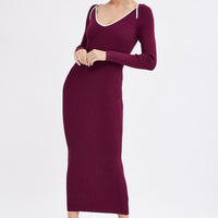 Purple Midi Dress Long Sleeve Sweetheart Contrast Bind