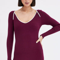 Purple Midi Dress Long Sleeve Sweetheart Contrast Bind