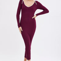 Purple Midi Dress Long Sleeve Sweetheart Contrast Bind