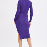 Purple Midi Dress Long Sleeve Round Neck Keyhole Rib Knit