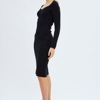 Black Midi Dress Long Sleeve Sweetheart Neckline Knit