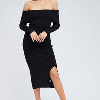 Black Midi Dress Long Sleeve Off Shoulder Bardot Knit