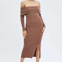 Brown Midi Dress Long Sleeve Off Shoulder Bardot Knit