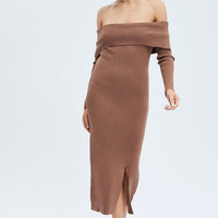 Brown Midi Dress Long Sleeve Off Shoulder Bardot Knit