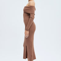 Brown Midi Dress Long Sleeve Off Shoulder Bardot Knit