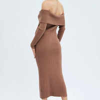 Brown Midi Dress Long Sleeve Off Shoulder Bardot Knit