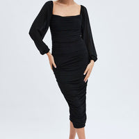 Black Midi Dress Long Sleeve Square Neck Ruched Bodycon