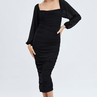 Black Midi Dress Long Sleeve Square Neck Ruched Bodycon